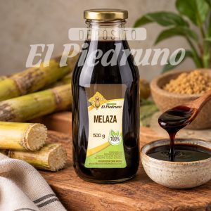Botella de vidrio con melaza de 500 g sobre una mesa rústica junto a caña de azúcar