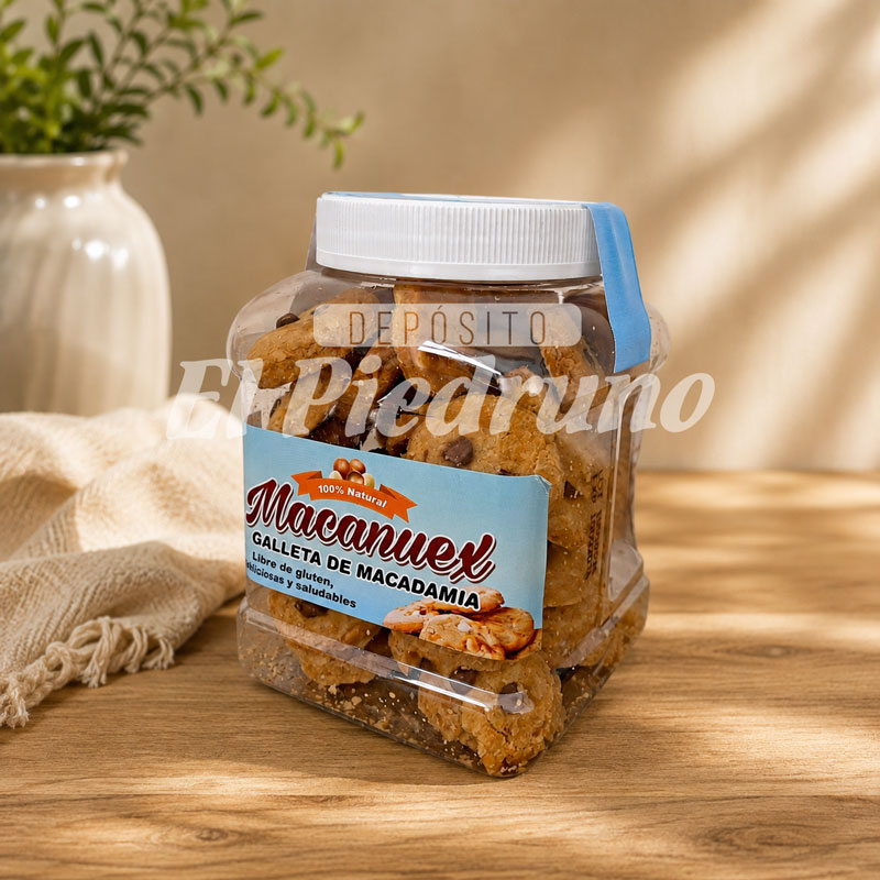 Macanuex-galletas-de-macadamia-Deposito-el-Piedruno Galletas de Macadamia Macanuex libres de gluten en envase plástico, ideales para acompañar café, té o disfrutar como snack saludable.