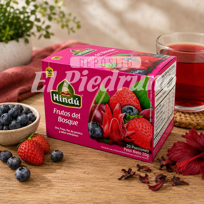Te-Hindú-frutos-del-bosque-deposito-el-piedruno Té Frutos del Bosque Hindú con 20 bolsitas de infusión de frutas y flor de jamaica.