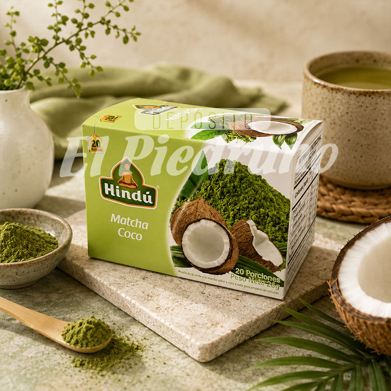 Te-Hindú-matcha-coco--deposito-el-piedruno Té Matcha Coco Hindú con 20 bolsitas de infusión de té verde matcha sabor coco.