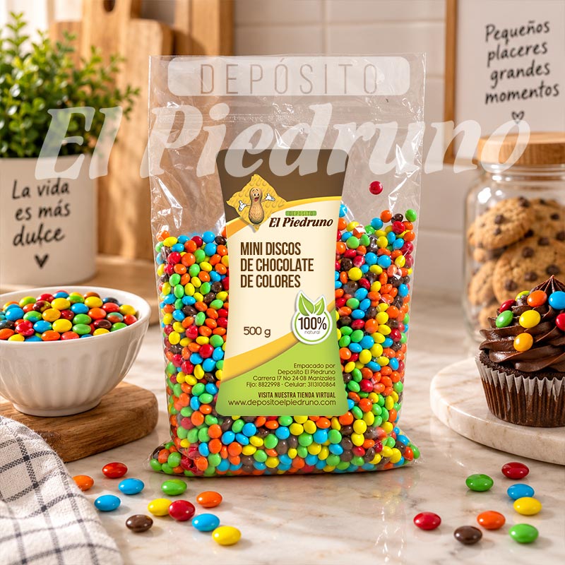 Minidiscos-de-chocolate-de-colores-500-g-Deposito-El-Piedruno Discos de chocolate de colores de 500 g para decorar tortas, cupcakes, helados y postres