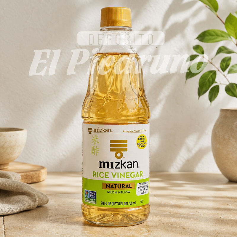 Vinagre-de-arroz-Mizkan-Deposito-El-Piedruno Vinagre de arroz Mizkan Natural, de sabor suave y equilibrado. Ideal para preparar sushi, aderezos, marinadas y recetas de cocina asiática.